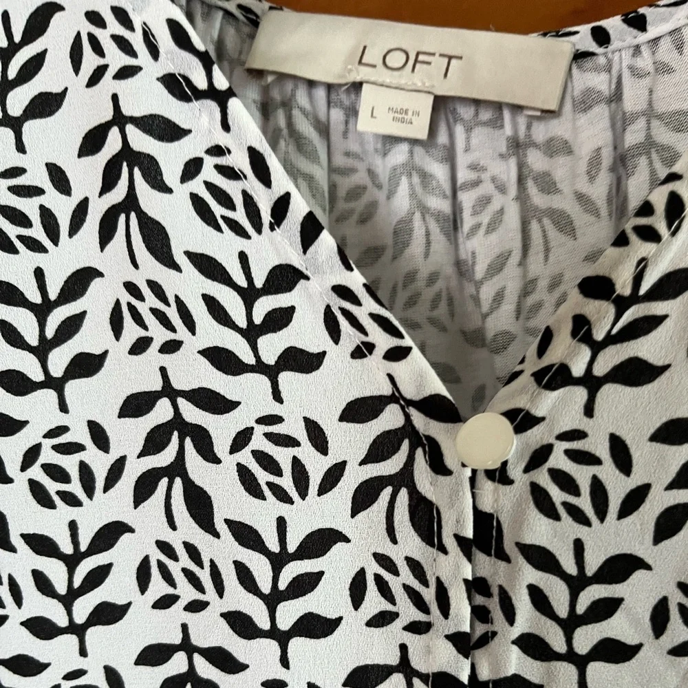 LOFT White Top with Black Leaf Print